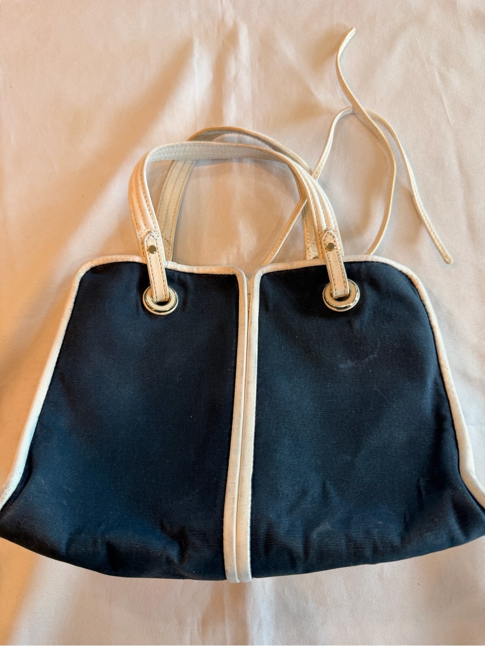 kate spade Sam Medium Canvas Plunge Satchel Navy Canvas White Leather Trim